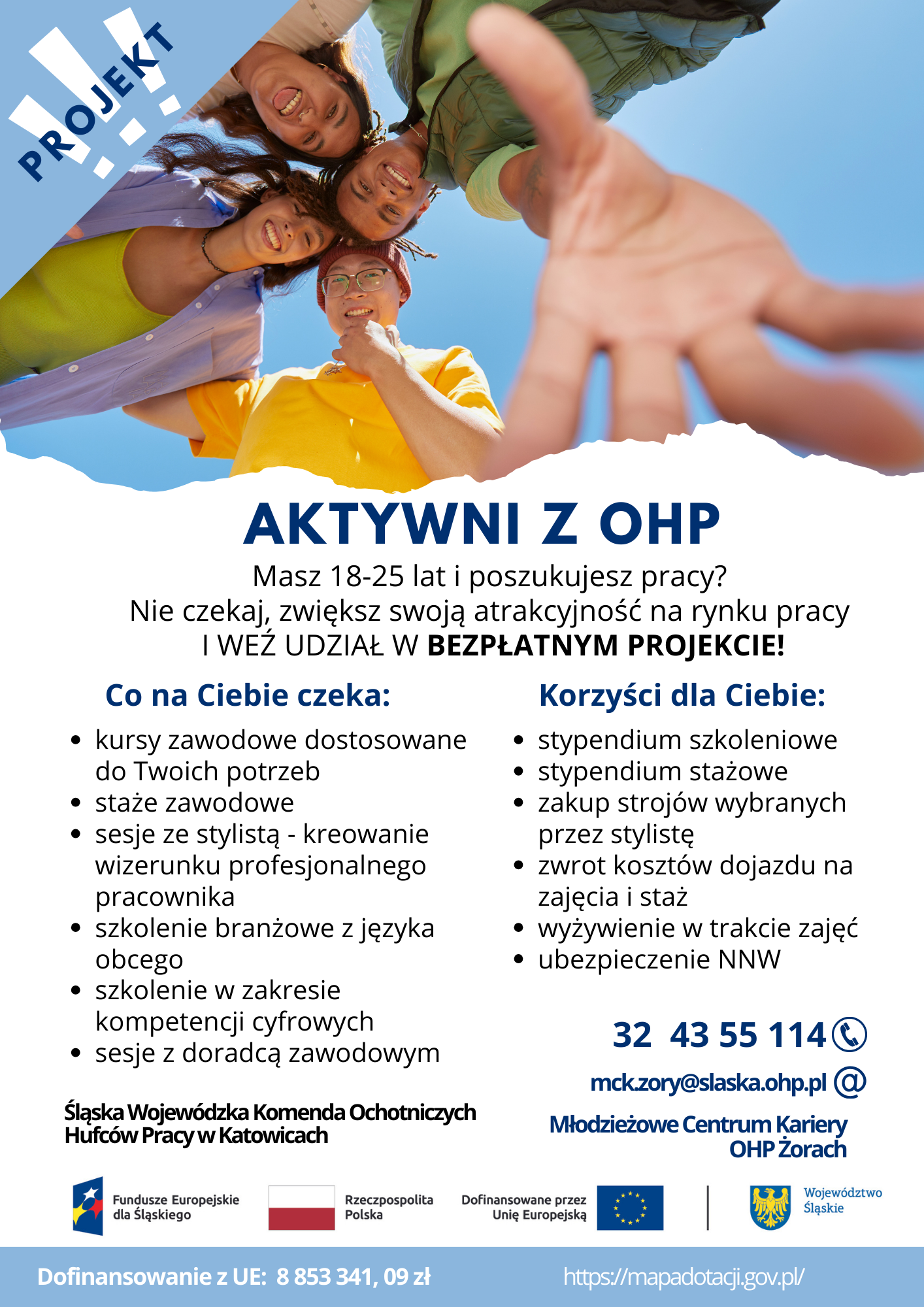 Plakat przedstawiający roześmianych ludzi i opis projektu Aktywni z OHP