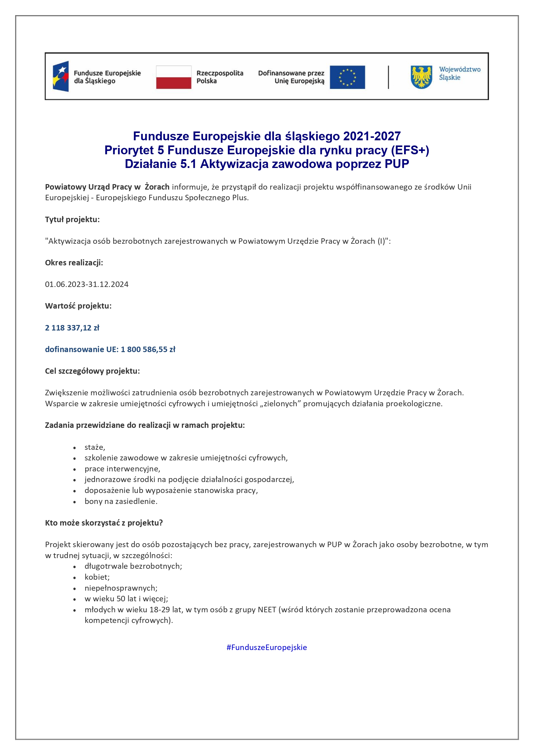 plakat zawierający informacje nt. projektu EFS