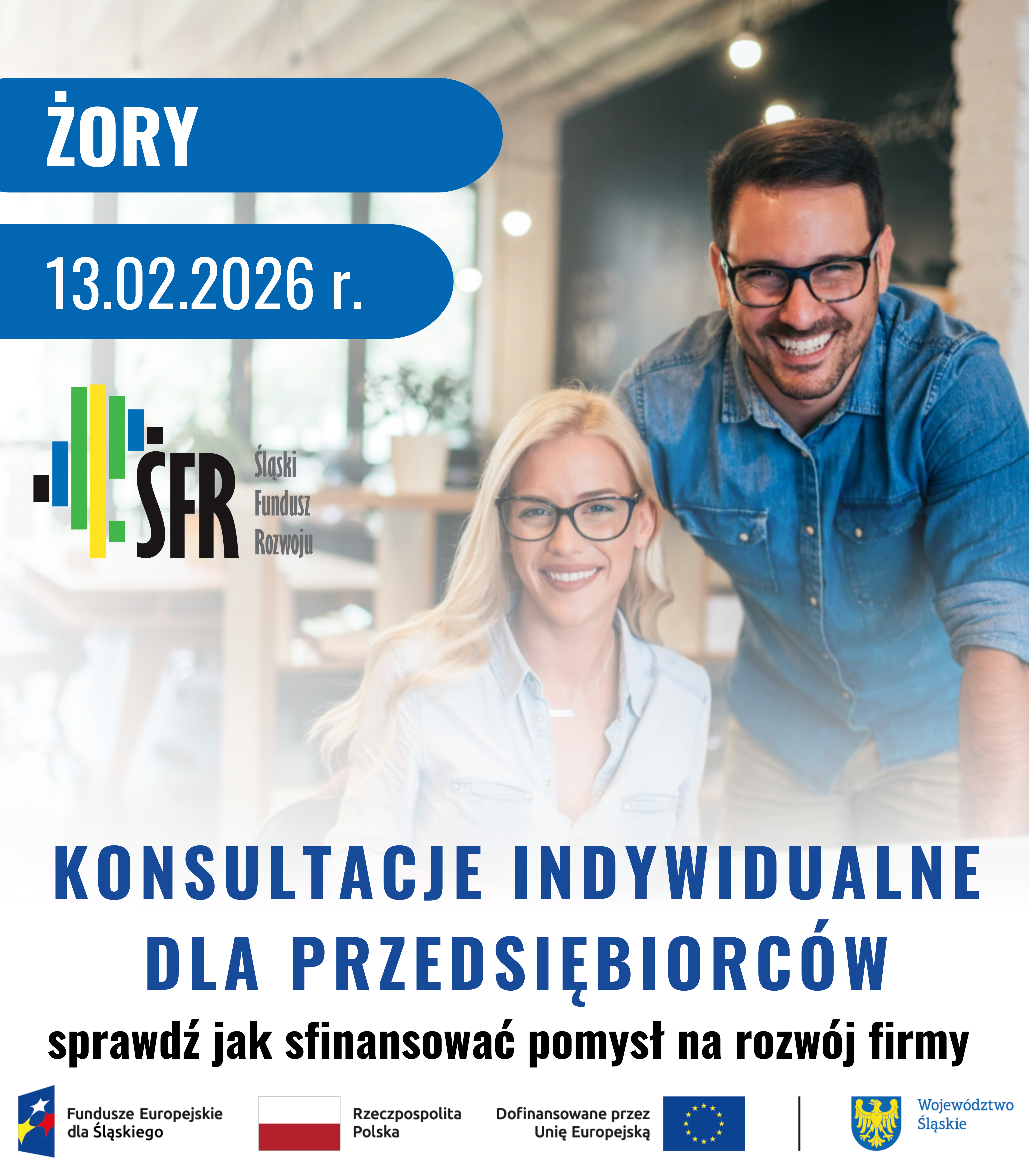 Plakat informuje o konsultacjach indywidualnych (sprawdź, jak sfinansować pomysł na rozwój firmy), które odbędą się w Żorach w dniu 13.02.2026 r.